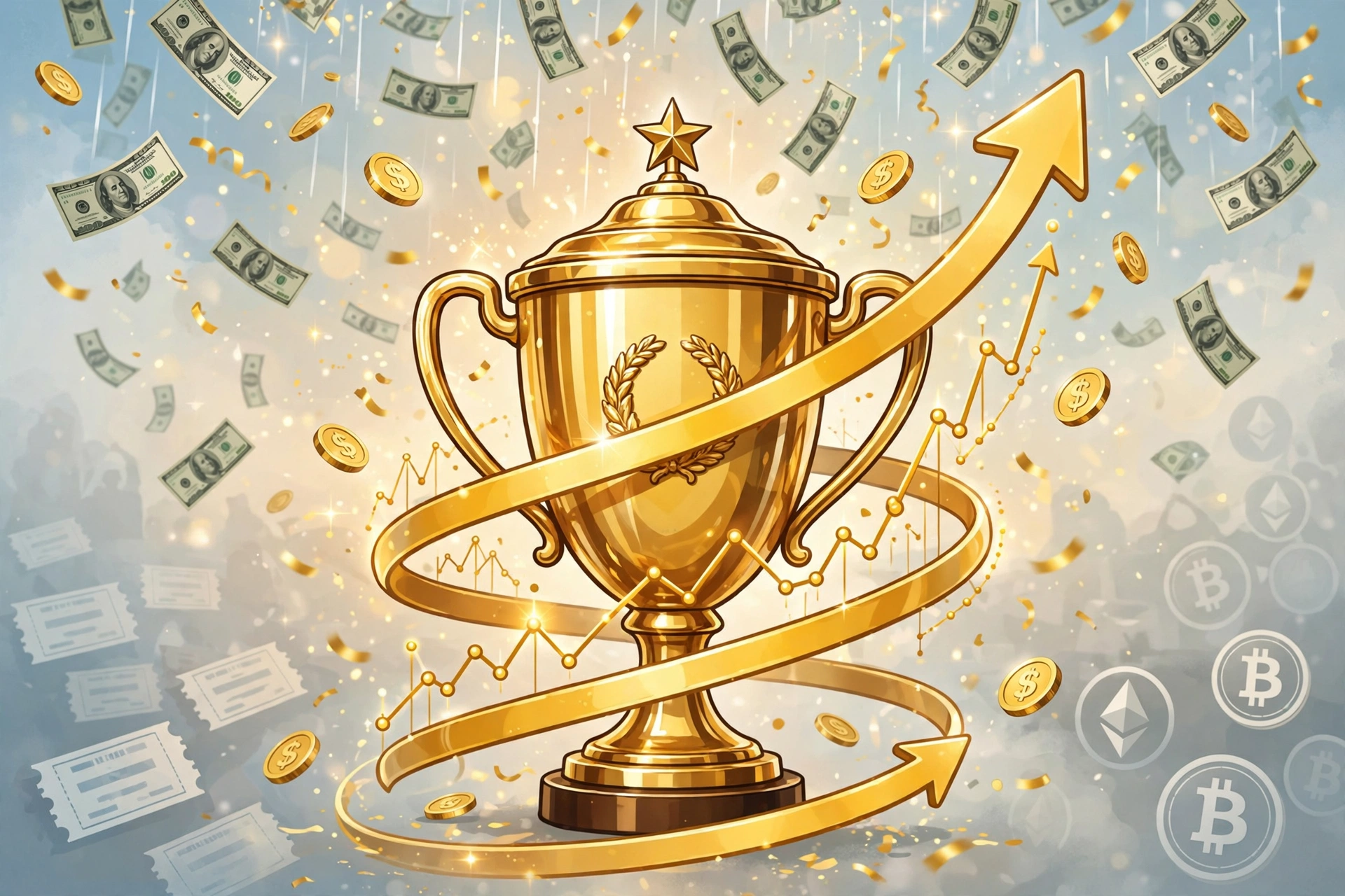 Trophy with rising stock chart and raining money